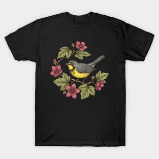 Canada Warbler in Botanical Wild Rose Wreath T-Shirt